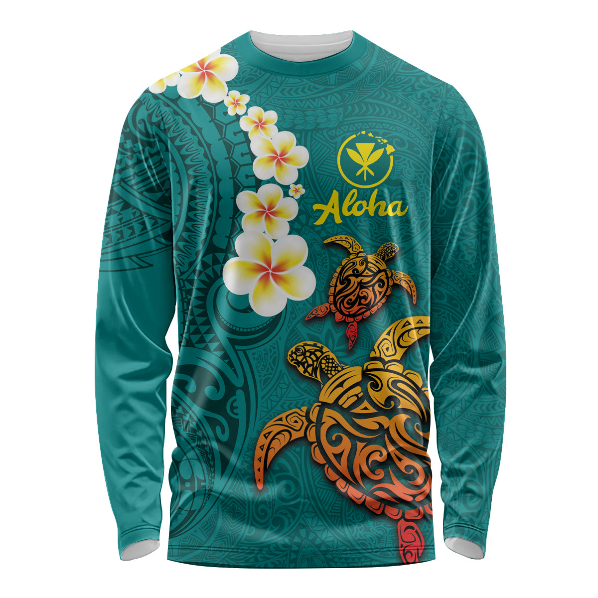 Hawaii Turtle Plumeria Flower Long Sleeve Shirt Polynesian Pattern Turquoise Color LT03 Unisex Turquoise - Polynesian Pride