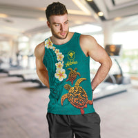 Hawaii Turtle Plumeria Flower Men Tank Top Polynesian Pattern Turquoise Color LT03 Turquoise - Polynesian Pride