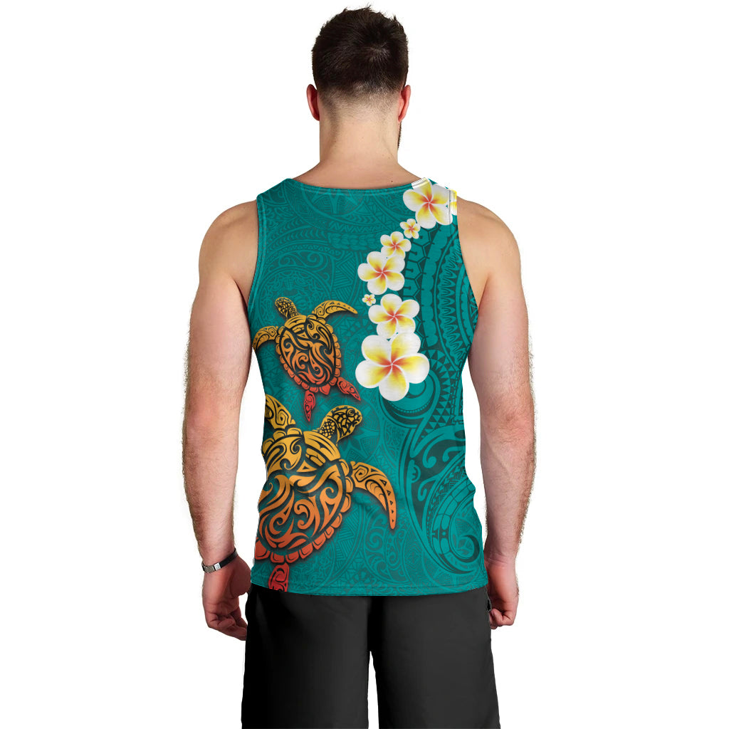 Hawaii Turtle Plumeria Flower Men Tank Top Polynesian Pattern Turquoise Color LT03 - Polynesian Pride