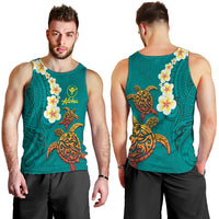 Hawaii Turtle Plumeria Flower Men Tank Top Polynesian Pattern Turquoise Color LT03 - Polynesian Pride