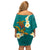 Hawaii Turtle Plumeria Flower Off Shoulder Short Dress Polynesian Pattern Turquoise Color