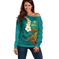 Hawaii Turtle Plumeria Flower Off Shoulder Sweater Polynesian Pattern Turquoise Color LT03 Women Turquoise - Polynesian Pride
