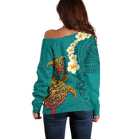 Hawaii Turtle Plumeria Flower Off Shoulder Sweater Polynesian Pattern Turquoise Color LT03 - Polynesian Pride