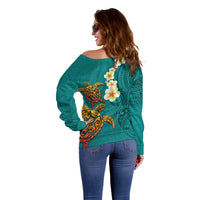 Hawaii Turtle Plumeria Flower Off Shoulder Sweater Polynesian Pattern Turquoise Color LT03 - Polynesian Pride