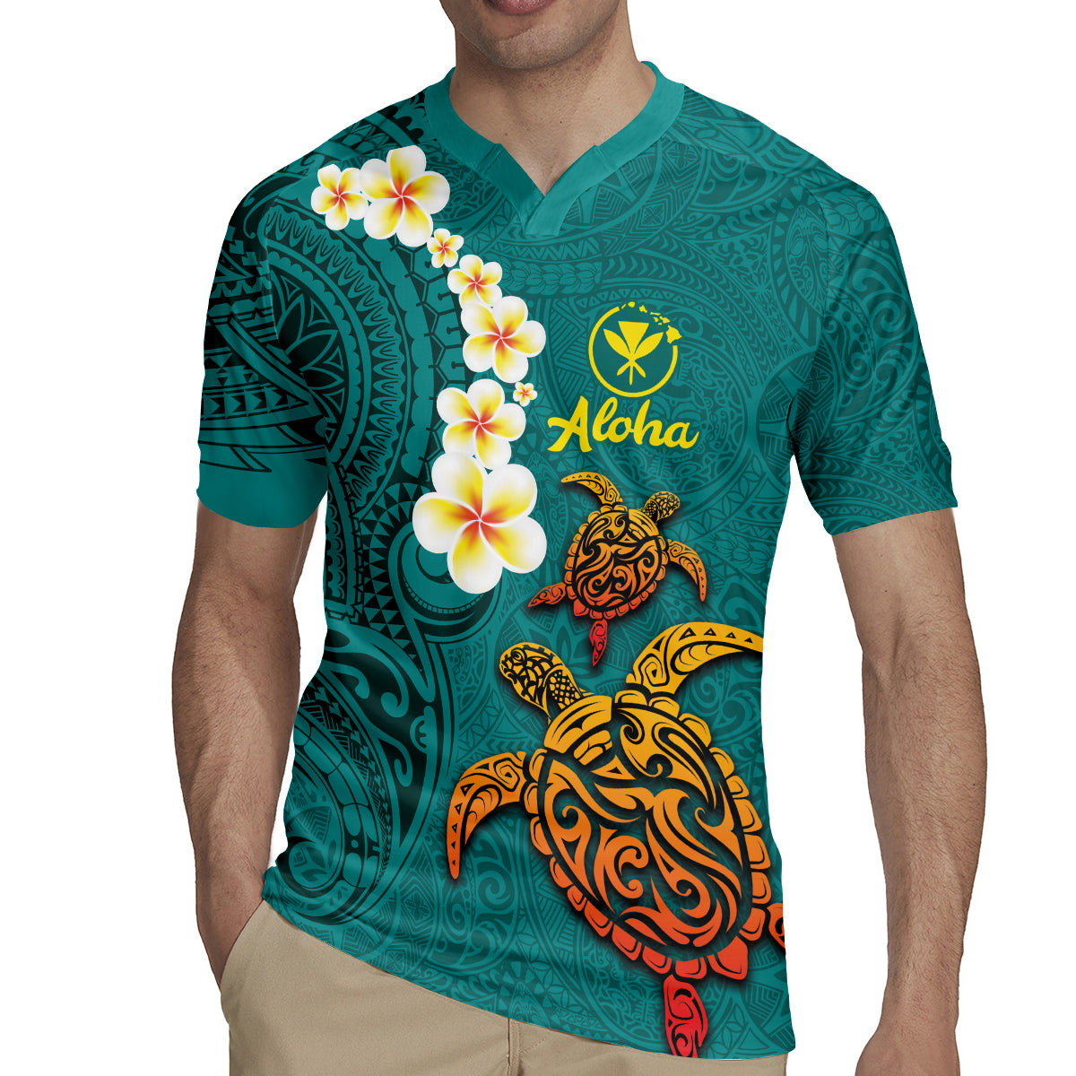 Hawaii Turtle Plumeria Flower Rugby Jersey Polynesian Pattern Turquoise Color LT03 - Polynesian Pride