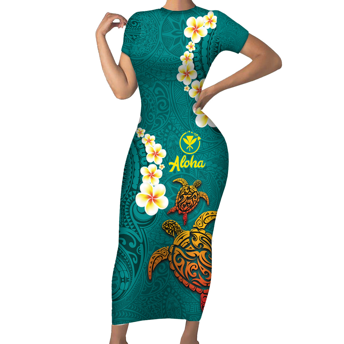Hawaii Turtle Plumeria Flower Short Sleeve Bodycon Dress Polynesian Pattern Turquoise Color LT03 Long Dress Turquoise - Polynesian Pride