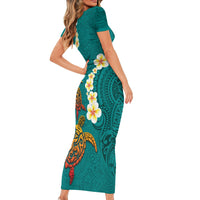 Hawaii Turtle Plumeria Flower Short Sleeve Bodycon Dress Polynesian Pattern Turquoise Color LT03 - Polynesian Pride