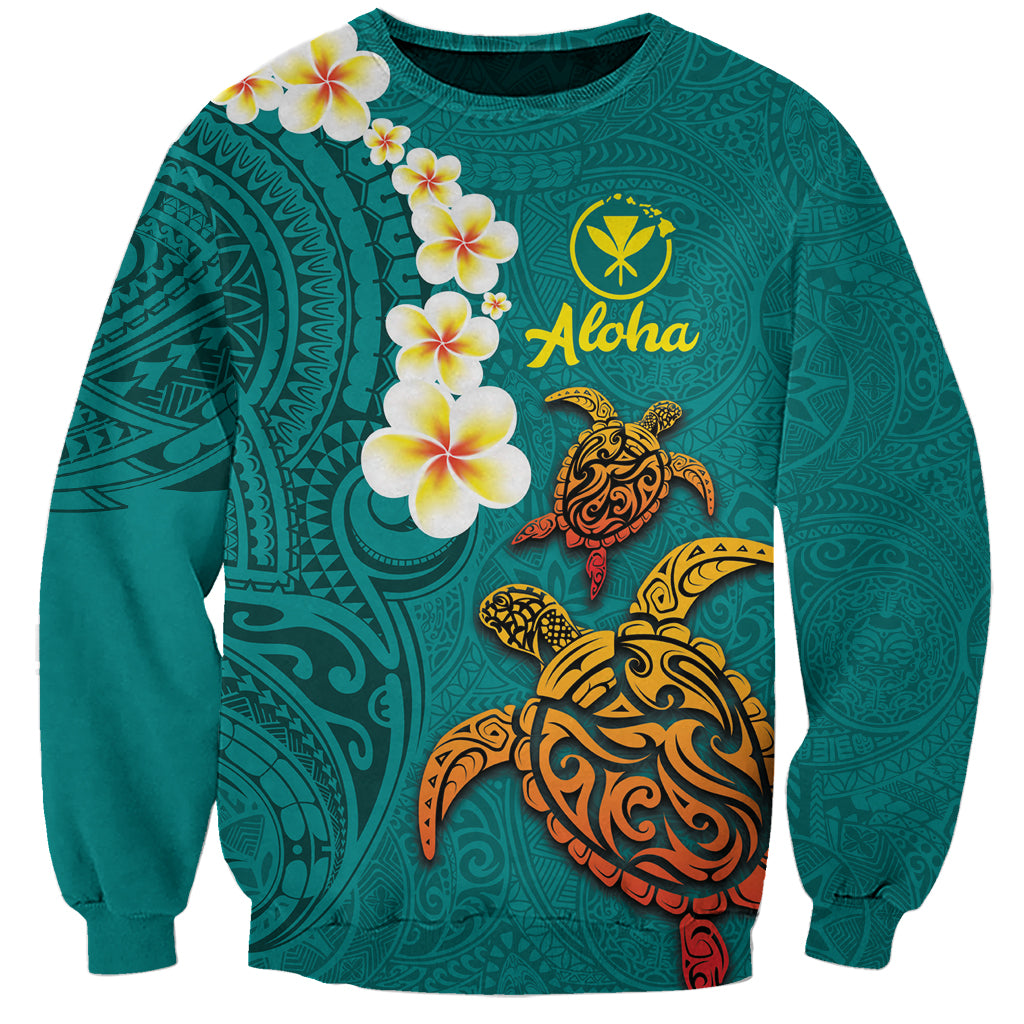 Hawaii Turtle Plumeria Flower Sweatshirt Polynesian Pattern Turquoise Color LT03 Unisex Turquoise - Polynesian Pride