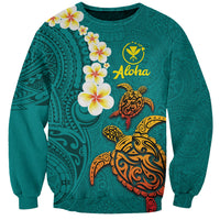 Hawaii Turtle Plumeria Flower Sweatshirt Polynesian Pattern Turquoise Color LT03 Unisex Turquoise - Polynesian Pride