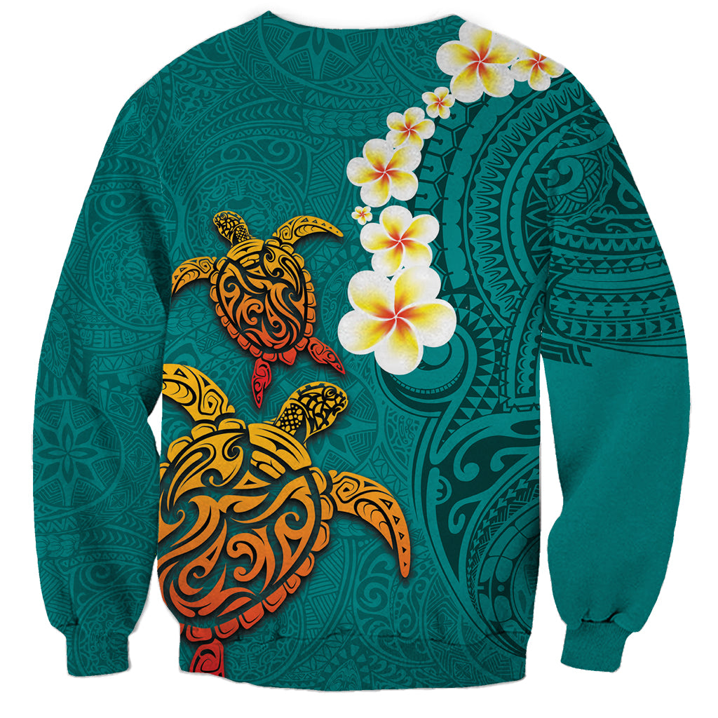 Hawaii Turtle Plumeria Flower Sweatshirt Polynesian Pattern Turquoise Color LT03 - Polynesian Pride