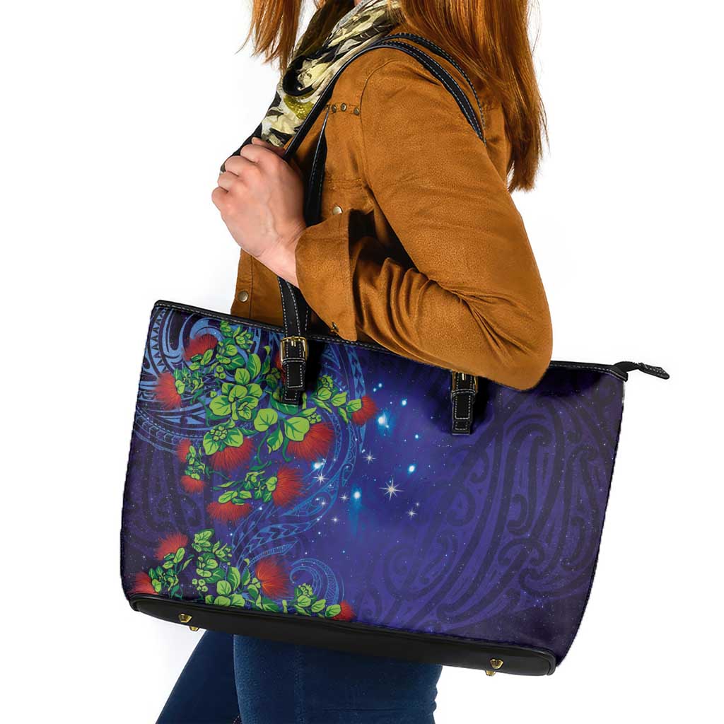 Matariki New Zealand Maori and Pohutukawa Leather Tote Bag Galaxy Blue Sky Style LT03 Blue - Polynesian Pride