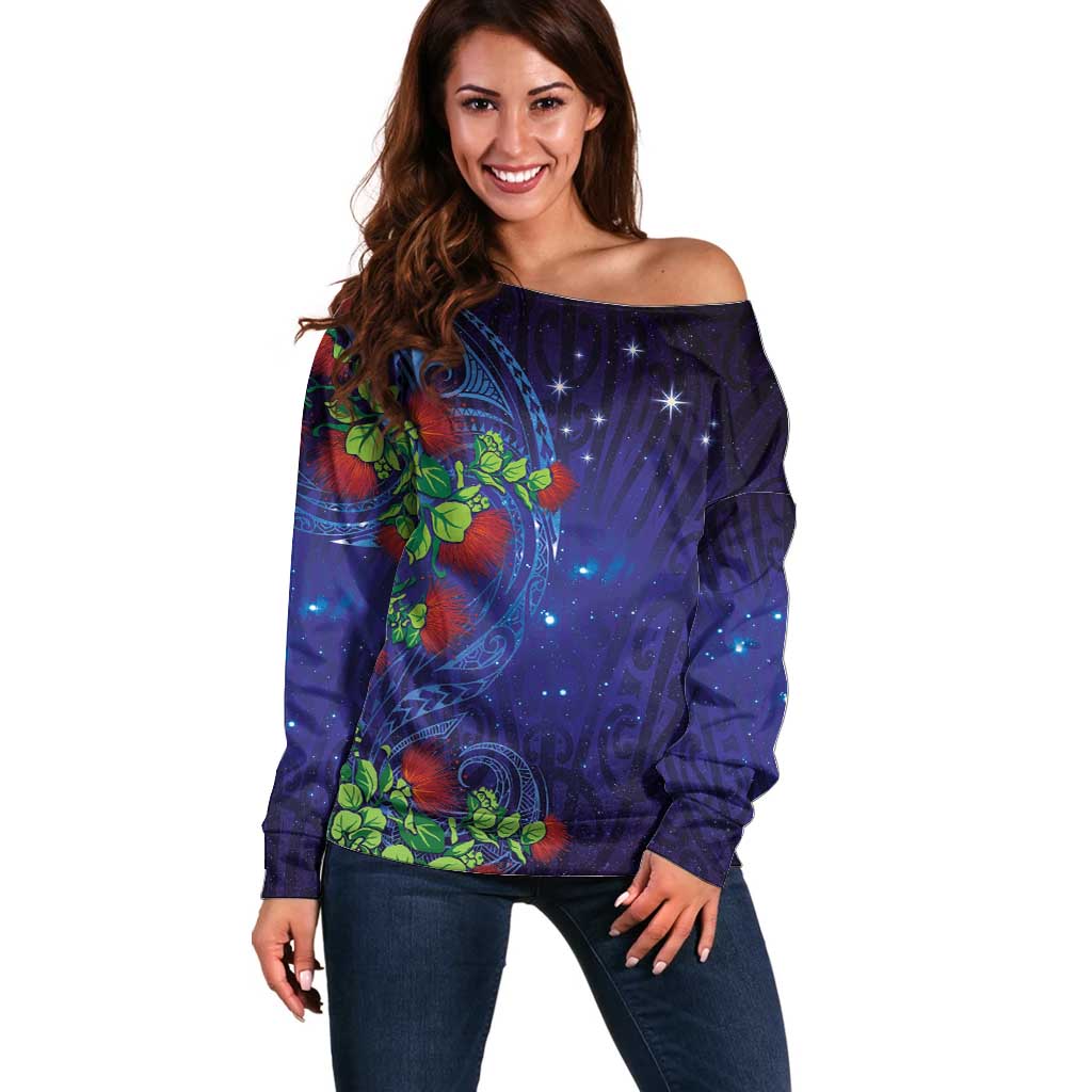 Matariki New Zealand Maori and Pohutukawa Off Shoulder Sweater Galaxy Blue Sky Style LT03 Women Blue - Polynesian Pride
