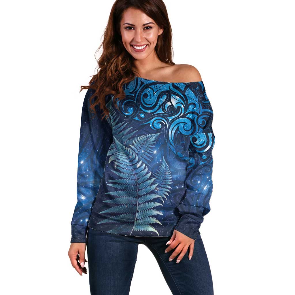 Matariki New Zealand Maori Silver Fern Off Shoulder Sweater Galaxy Blue Sky Style LT03 Women Blue - Polynesian Pride