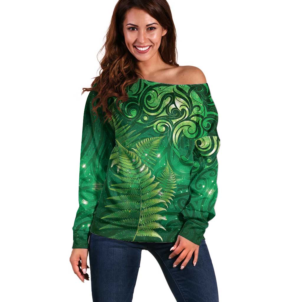 Matariki New Zealand Maori Silver Fern Off Shoulder Sweater Galaxy Green Sky Style LT03 Women Green - Polynesian Pride