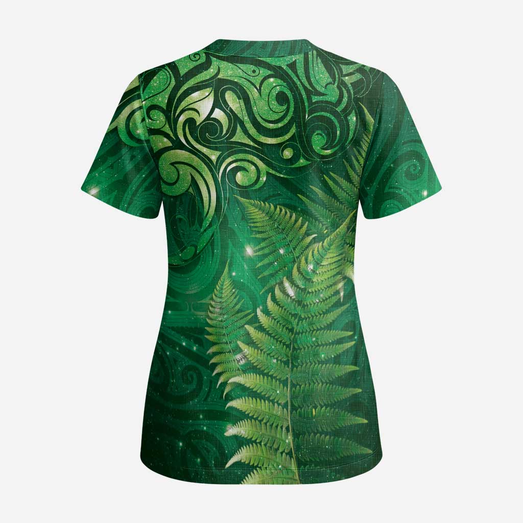 Matariki New Zealand Maori Silver Fern Scrub Top Galaxy Green Sky Style LT03 - Polynesian Pride