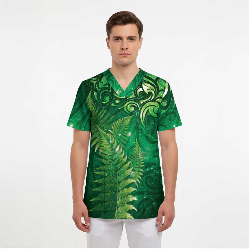 Matariki New Zealand Maori Silver Fern Scrub Top Galaxy Green Sky Style LT03 - Polynesian Pride