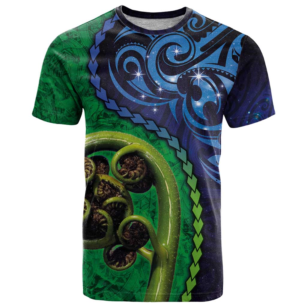 New Zealand Matariki Fern Frond Koru T Shirt with Galaxy Blue Sky and Green Paua Shell Art LT03 Blue - Polynesian Pride