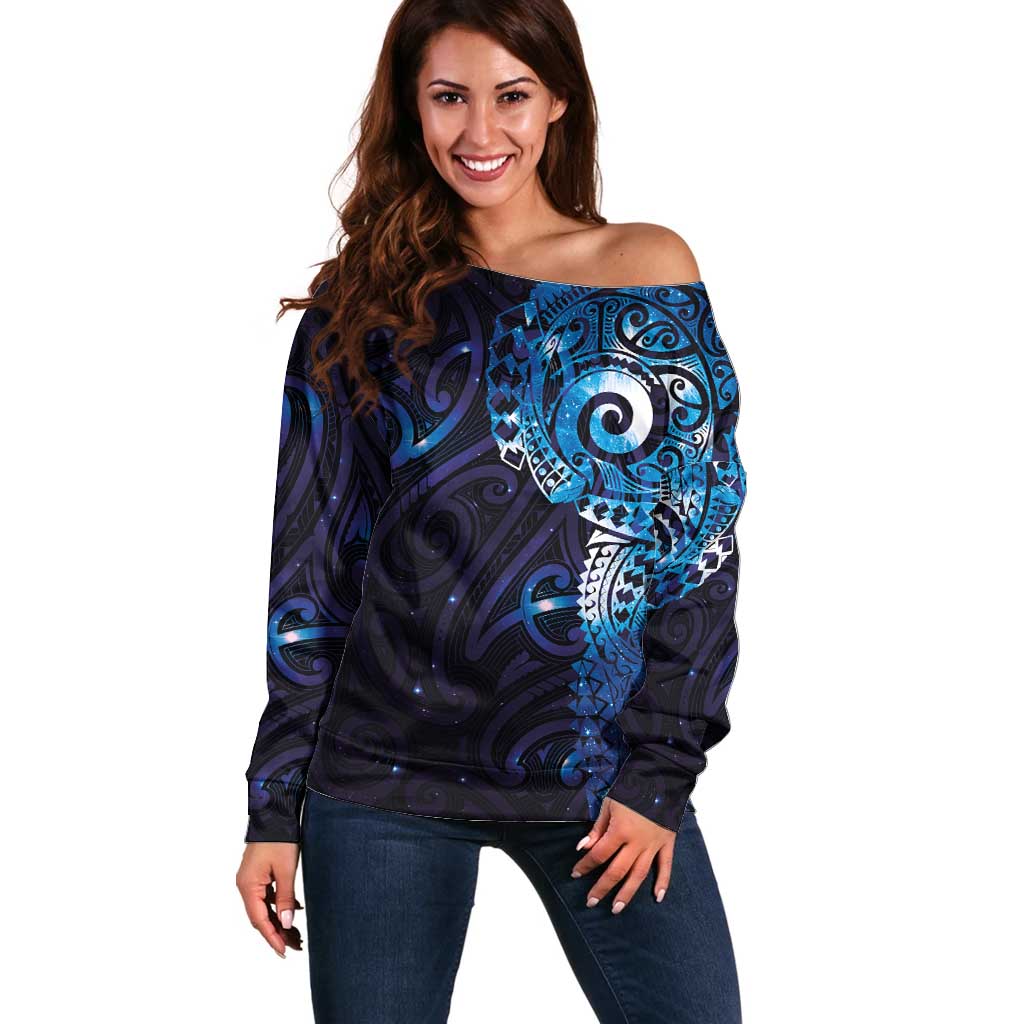 Matariki New Zealand Maori Koru Art Tattoo Off Shoulder Sweater New Year Galaxy Blue Sky Style LT03 Women Blue - Polynesian Pride