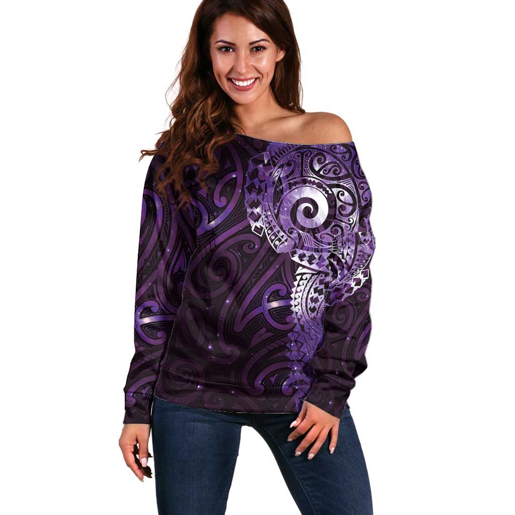 Matariki New Zealand Maori Koru Art Tattoo Off Shoulder Sweater New Year Galaxy Purple Sky Style LT03 Women Purple - Polynesian Pride