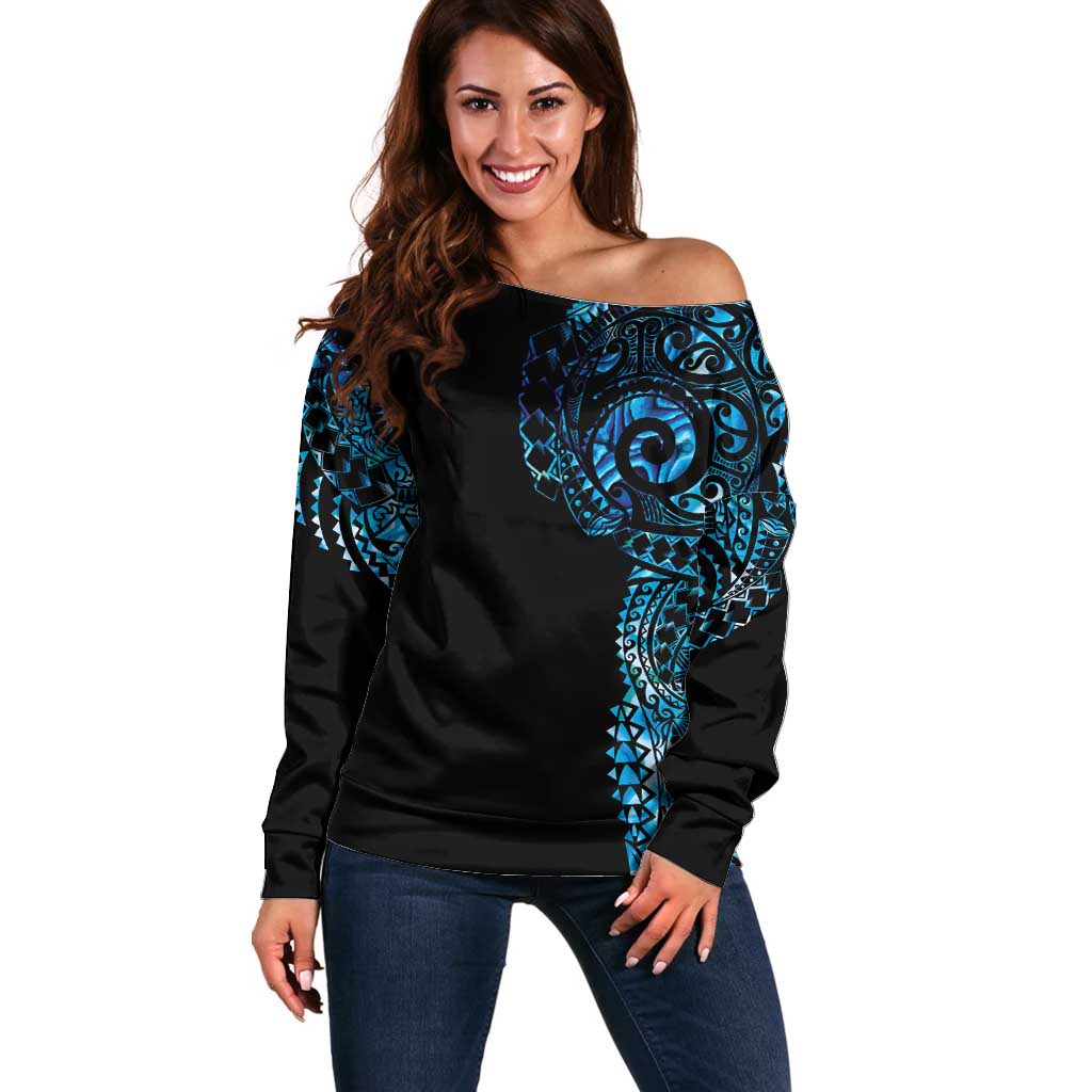 New Zealand Maori Koru Art Traditional Tattoo Off Shoulder Sweater Paua Shell LT03 Women Black - Polynesian Pride