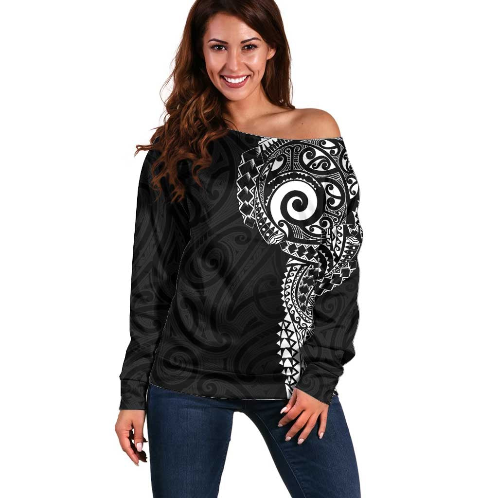 New Zealand Maori Koru Art Traditional Tattoo Off Shoulder Sweater Simple Style LT03 Women Black - Polynesian Pride