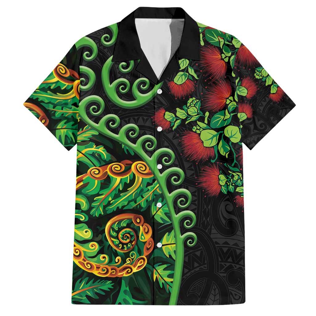 New Zealand Koru Plants and Pohutukawa Hawaiian Shirt Maori Tattoo Pattern LT03 Black - Polynesian Pride
