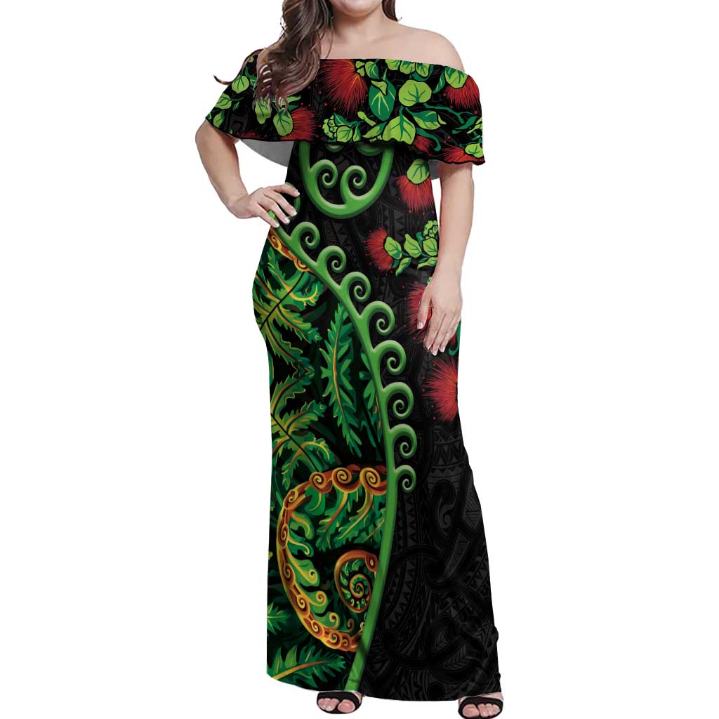 New Zealand Koru Plants and Pohutukawa Off Shoulder Maxi Dress Maori Tattoo Pattern LT03 Women Black - Polynesian Pride