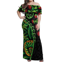New Zealand Koru Plants and Pohutukawa Off Shoulder Maxi Dress Maori Tattoo Pattern LT03 Women Black - Polynesian Pride