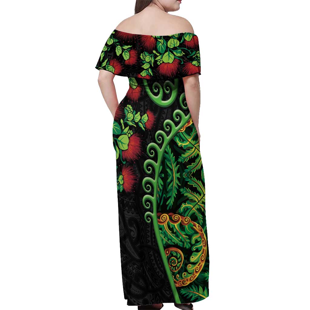New Zealand Koru Plants and Pohutukawa Off Shoulder Maxi Dress Maori Tattoo Pattern LT03 - Polynesian Pride