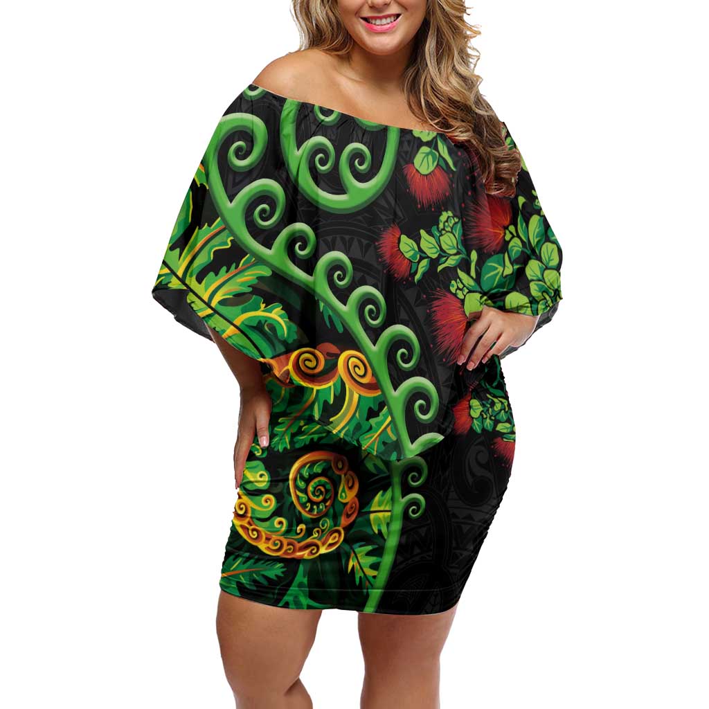 New Zealand Koru Plants and Pohutukawa Off Shoulder Short Dress Maori Tattoo Pattern LT03 Women Black - Polynesian Pride