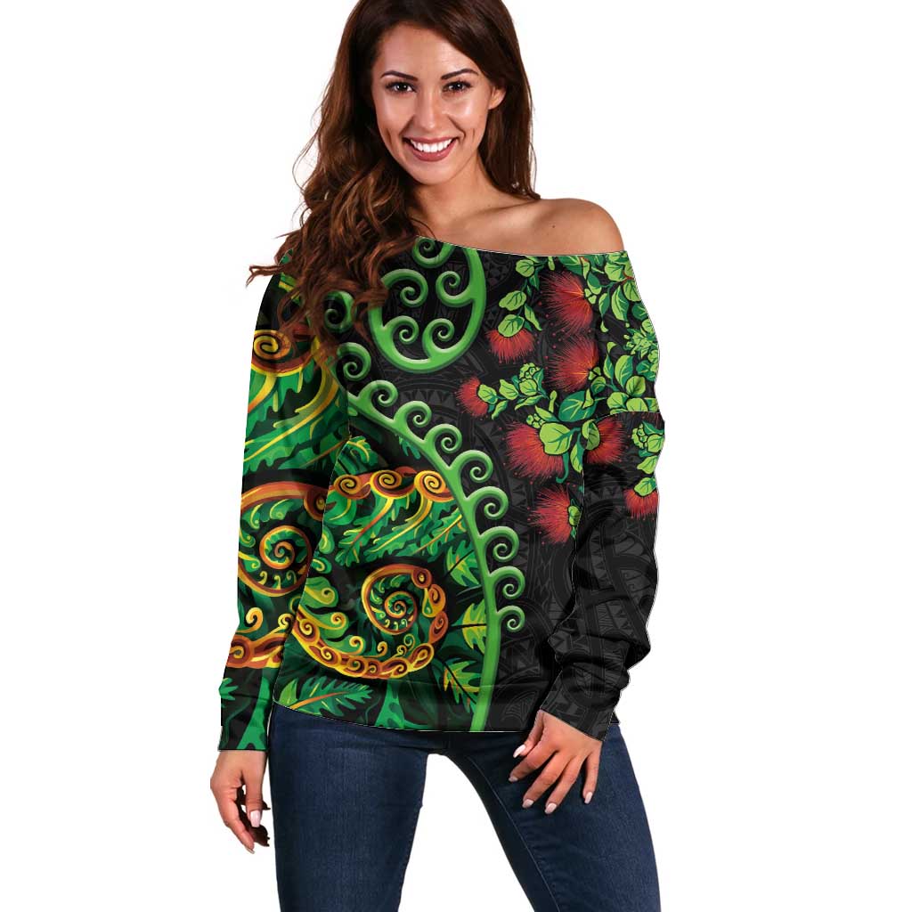 New Zealand Koru Plants and Pohutukawa Off Shoulder Sweater Maori Tattoo Pattern LT03 Women Black - Polynesian Pride