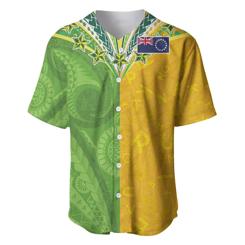 Cook Islands Language Week Baseball Jersey Tatau Pattern and Rarotongan Alphabet LT03 Green - Polynesian Pride