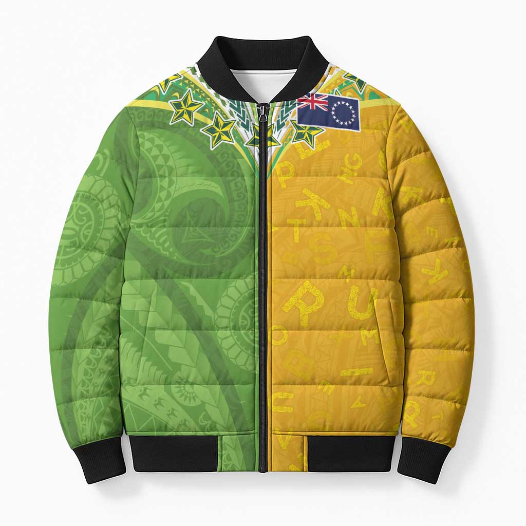Cook Islands Language Week Bomber Puffer Jacket Tatau Pattern and Rarotongan Alphabet LT03 Unisex Green - Polynesian Pride