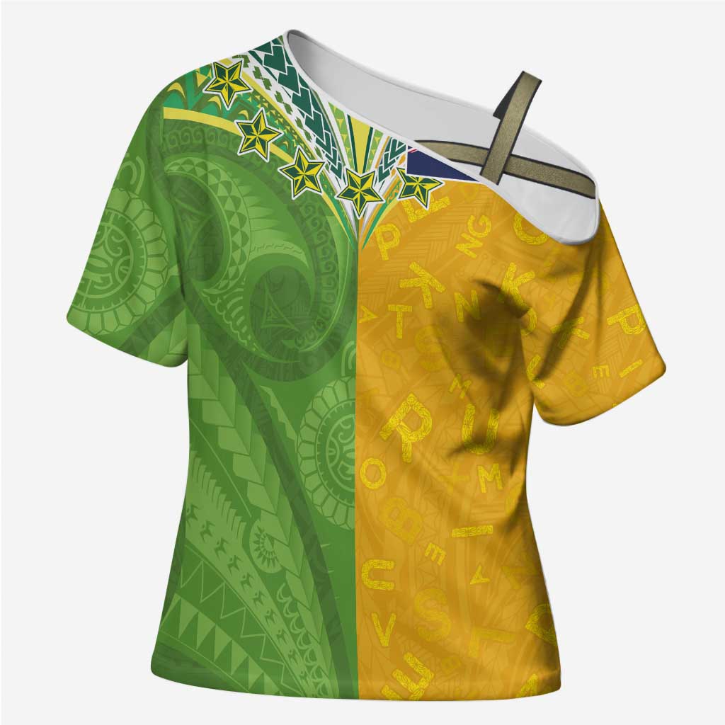 Cook Islands Language Week Cross Shoulder Shirt Tatau Pattern and Rarotongan Alphabet LT03 Female Green - Polynesian Pride