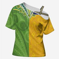 Cook Islands Language Week Cross Shoulder Shirt Tatau Pattern and Rarotongan Alphabet LT03 Female Green - Polynesian Pride