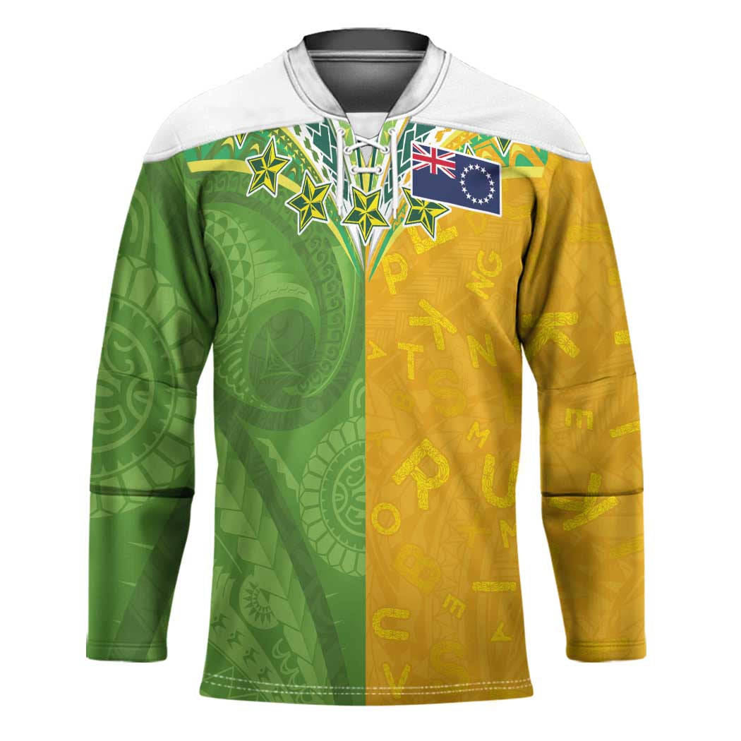 Cook Islands Language Week Hockey Jersey Tatau Pattern and Rarotongan Alphabet LT03 Unisex Green - Polynesian Pride