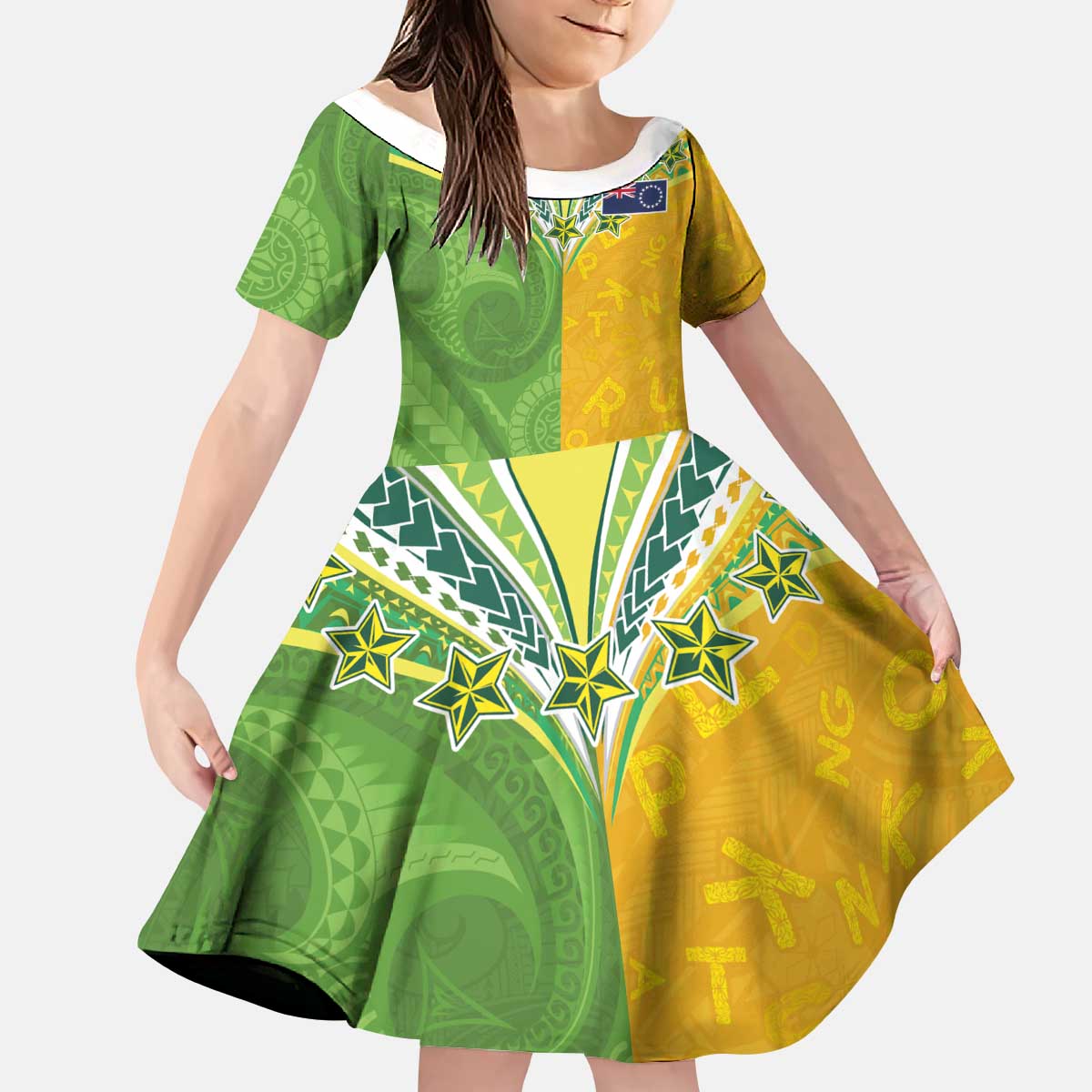 Cook Islands Language Week Kid Short Sleeve Dress Tatau Pattern and Rarotongan Alphabet LT03 KID Green - Polynesian Pride