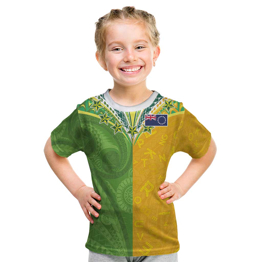 Cook Islands Language Week Kid T Shirt Tatau Pattern and Rarotongan Alphabet LT03 Green - Polynesian Pride