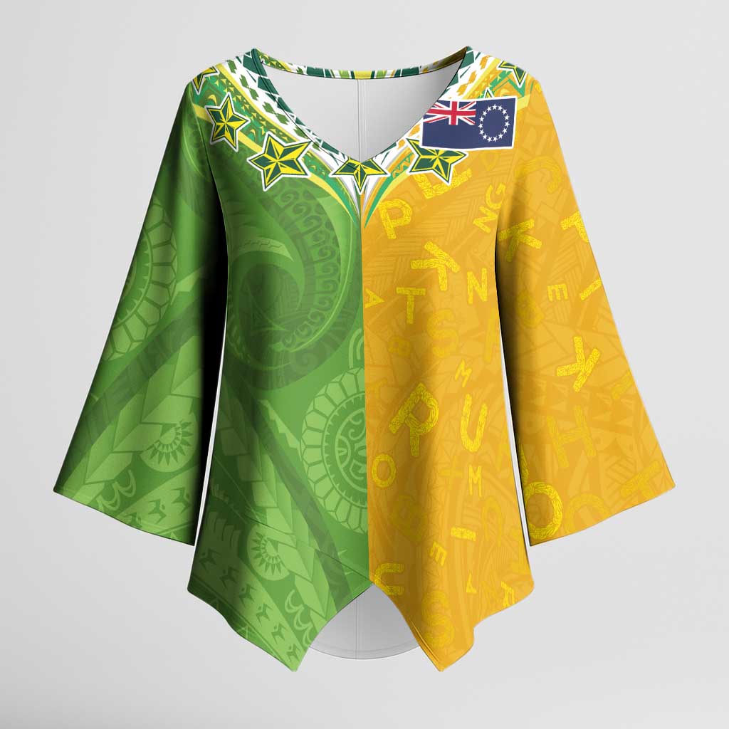Cook Islands Language Week Kimono Sleeve Blouse Tatau Pattern and Rarotongan Alphabet LT03 Female Green - Polynesian Pride
