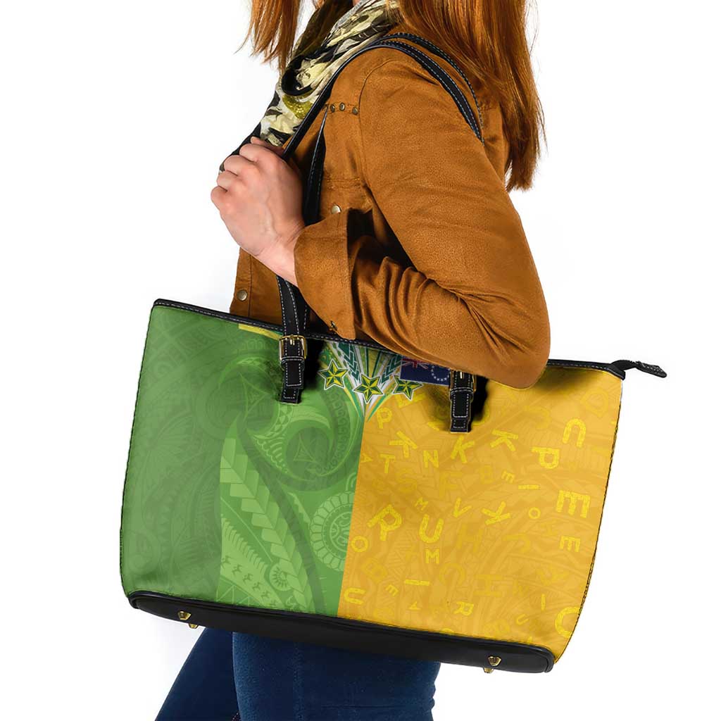 Cook Islands Language Week Leather Tote Bag Tatau Pattern and Rarotongan Alphabet LT03 Green - Polynesian Pride