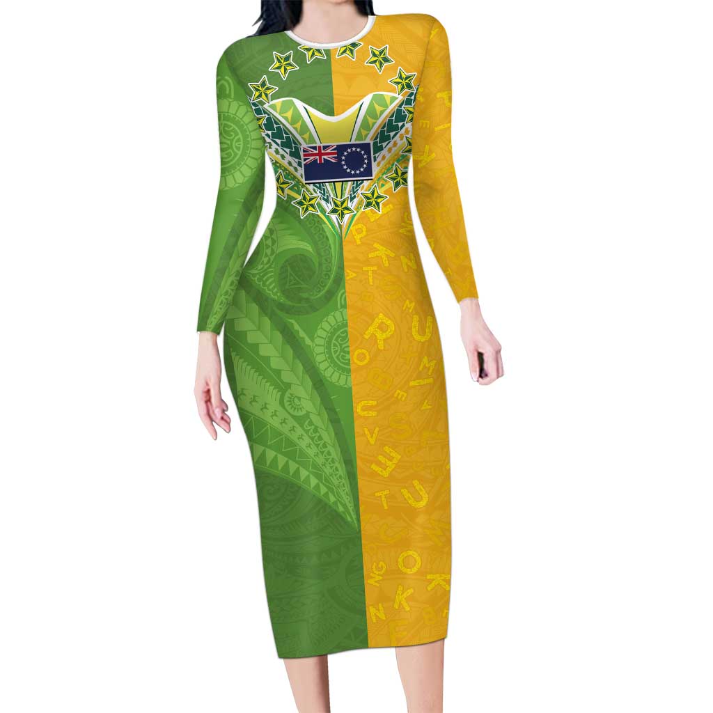 Cook Islands Language Week Long Sleeve Bodycon Dress Tatau Pattern and Rarotongan Alphabet LT03 Long Dress Green - Polynesian Pride