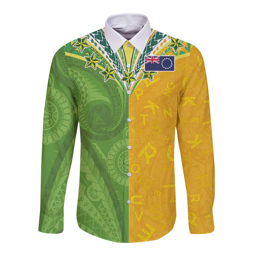 Cook Islands Language Week Long Sleeve Button Shirt Tatau Pattern and Rarotongan Alphabet LT03 Unisex Green - Polynesian Pride