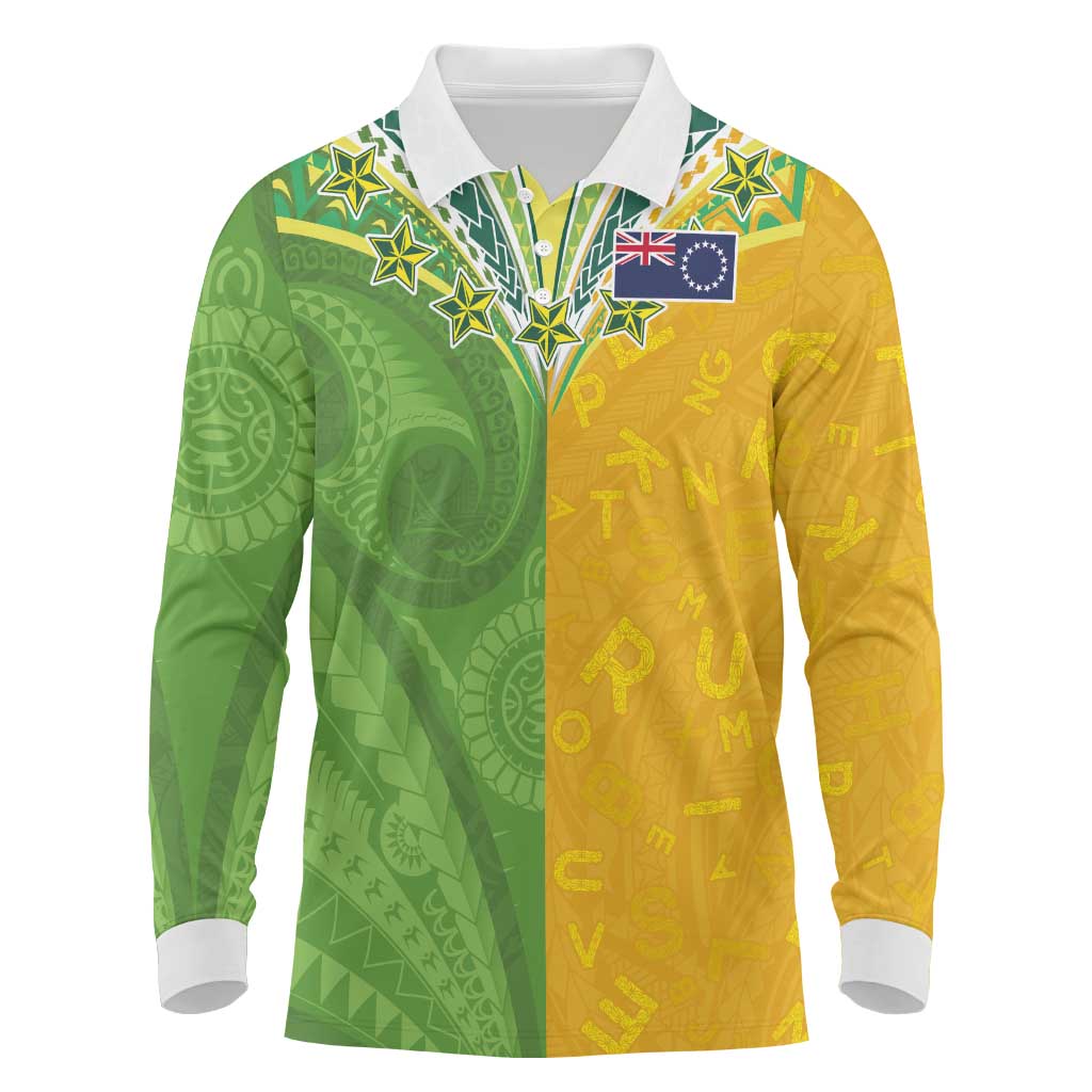 Cook Islands Language Week Long Sleeve Polo Shirt Tatau Pattern and Rarotongan Alphabet LT03 Green - Polynesian Pride
