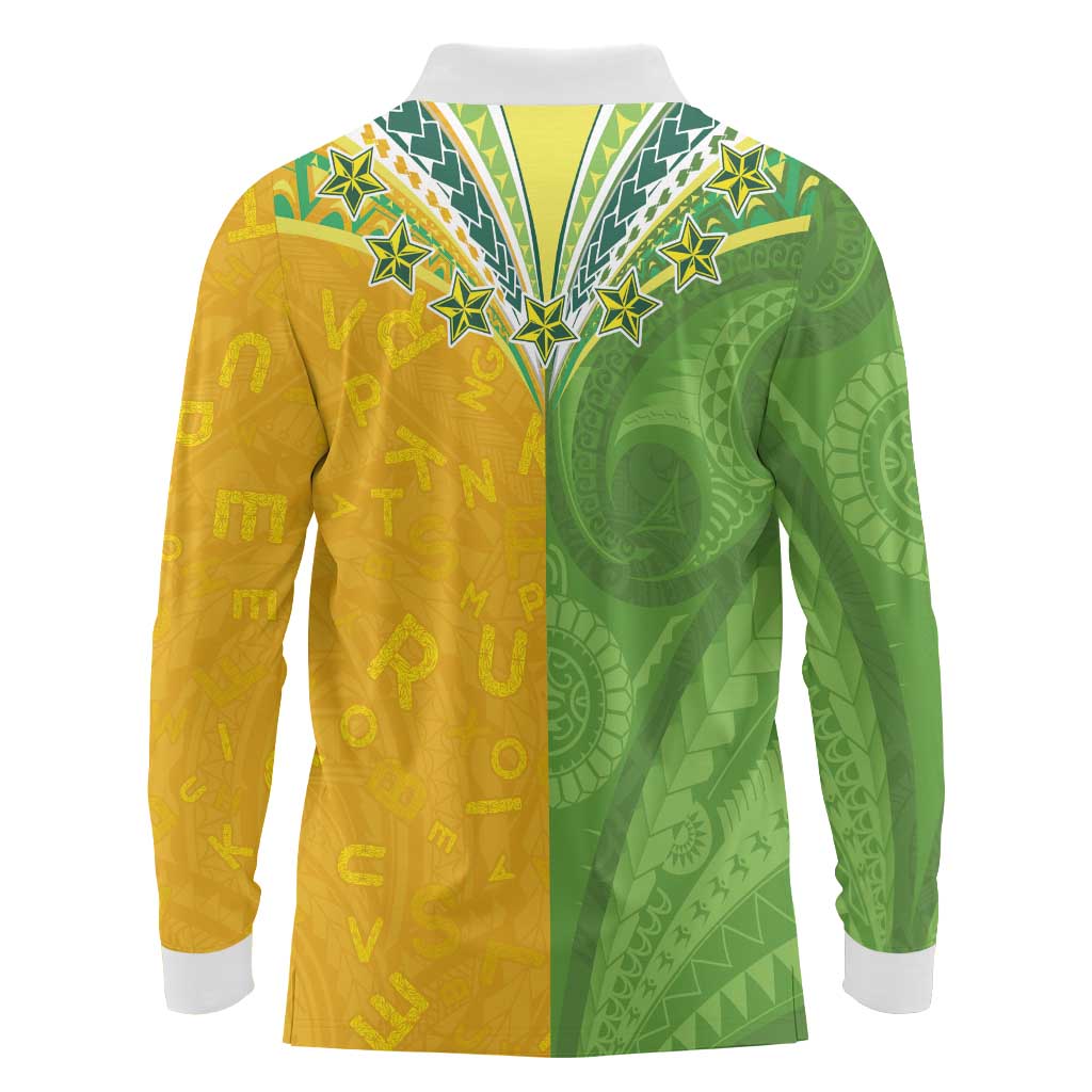 Cook Islands Language Week Long Sleeve Polo Shirt Tatau Pattern and Rarotongan Alphabet LT03 - Polynesian Pride