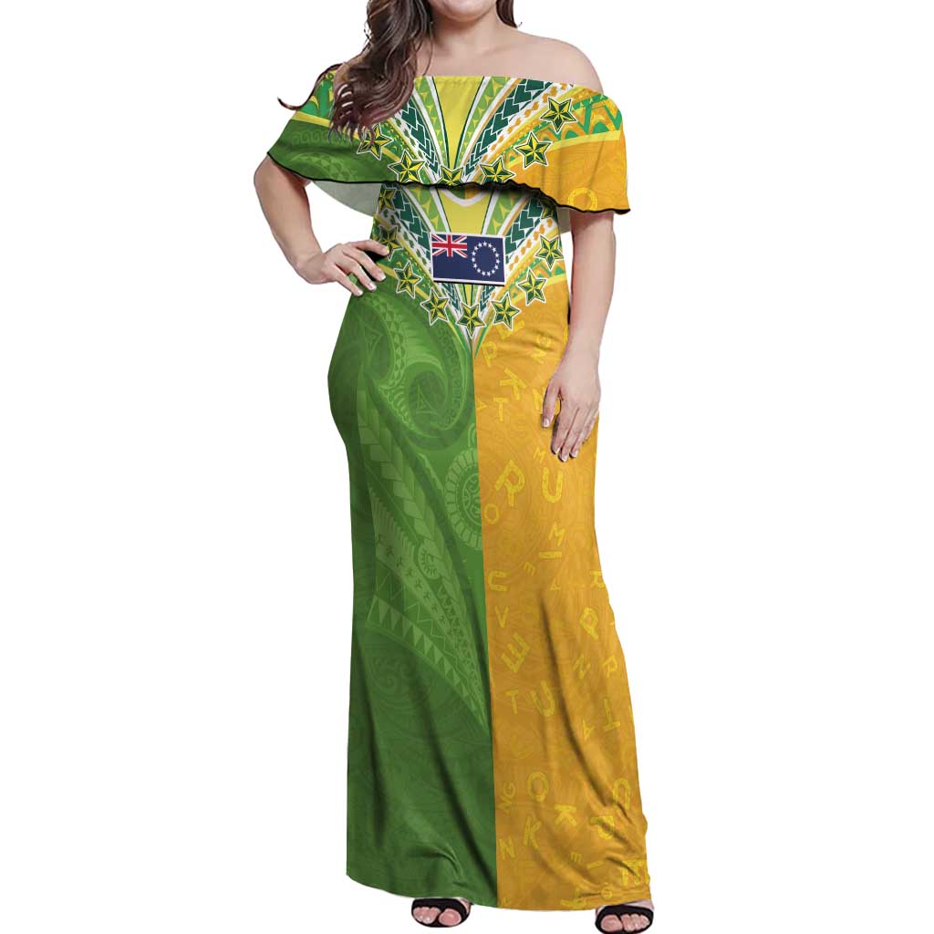 Cook Islands Language Week Off Shoulder Maxi Dress Tatau Pattern and Rarotongan Alphabet LT03 Women Green - Polynesian Pride