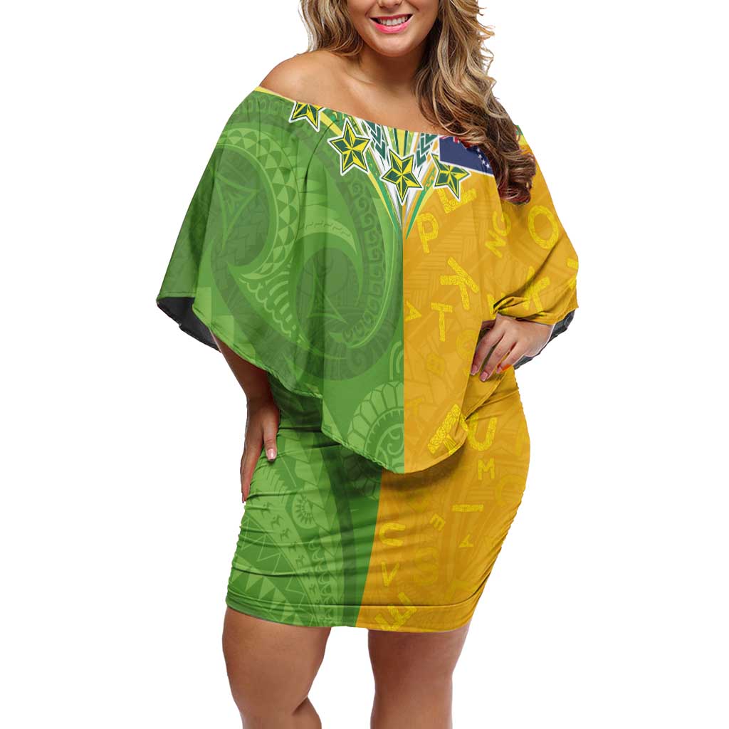 Cook Islands Language Week Off Shoulder Short Dress Tatau Pattern and Rarotongan Alphabet LT03 Women Green - Polynesian Pride