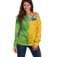 Cook Islands Language Week Off Shoulder Sweater Tatau Pattern and Rarotongan Alphabet LT03 Women Green - Polynesian Pride