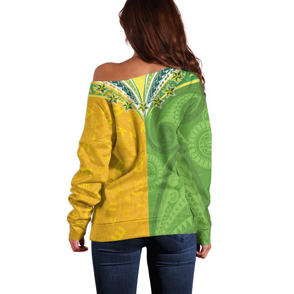 Cook Islands Language Week Off Shoulder Sweater Tatau Pattern and Rarotongan Alphabet LT03 - Polynesian Pride