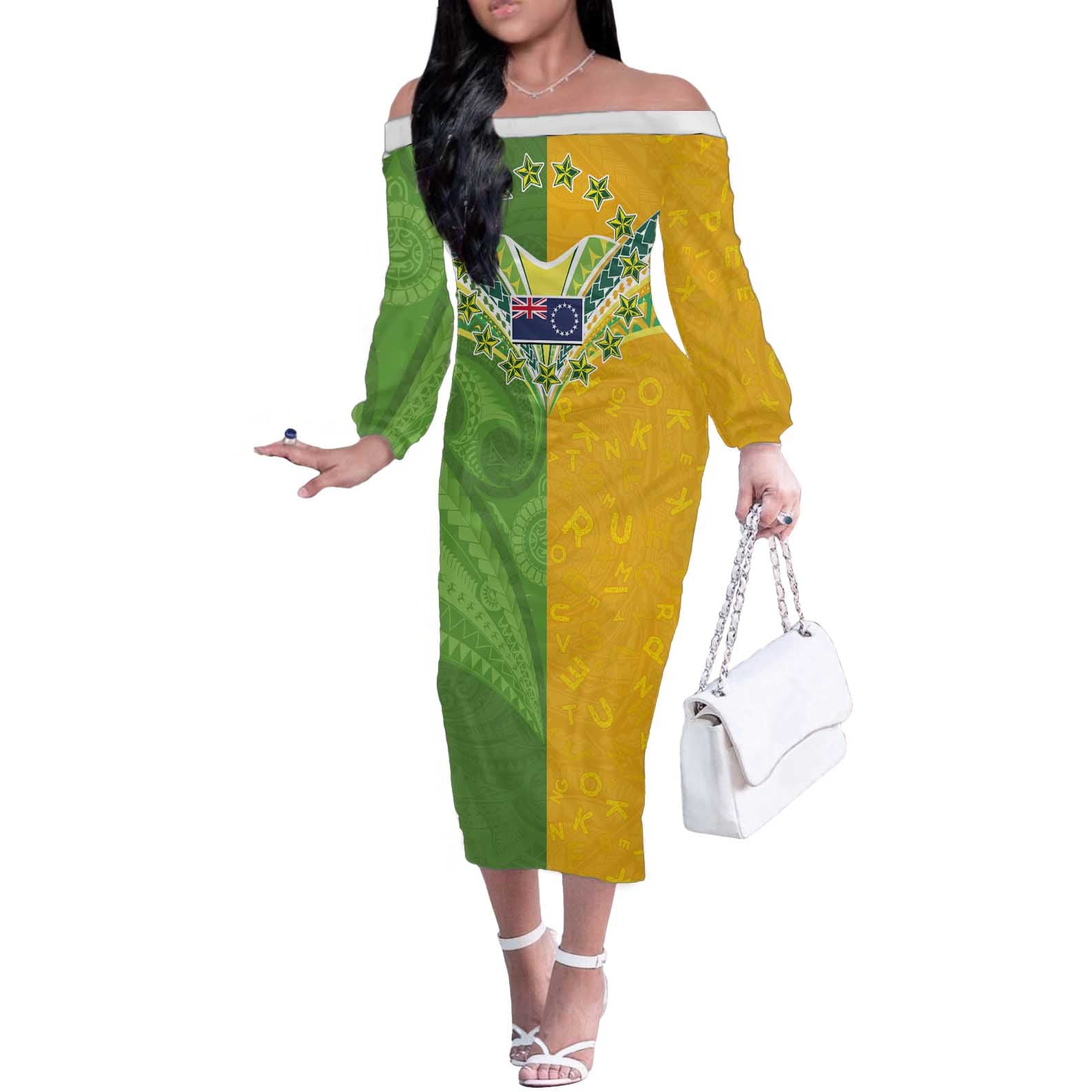 Cook Islands Language Week Off The Shoulder Long Sleeve Dress Tatau Pattern and Rarotongan Alphabet LT03 Women Green - Polynesian Pride