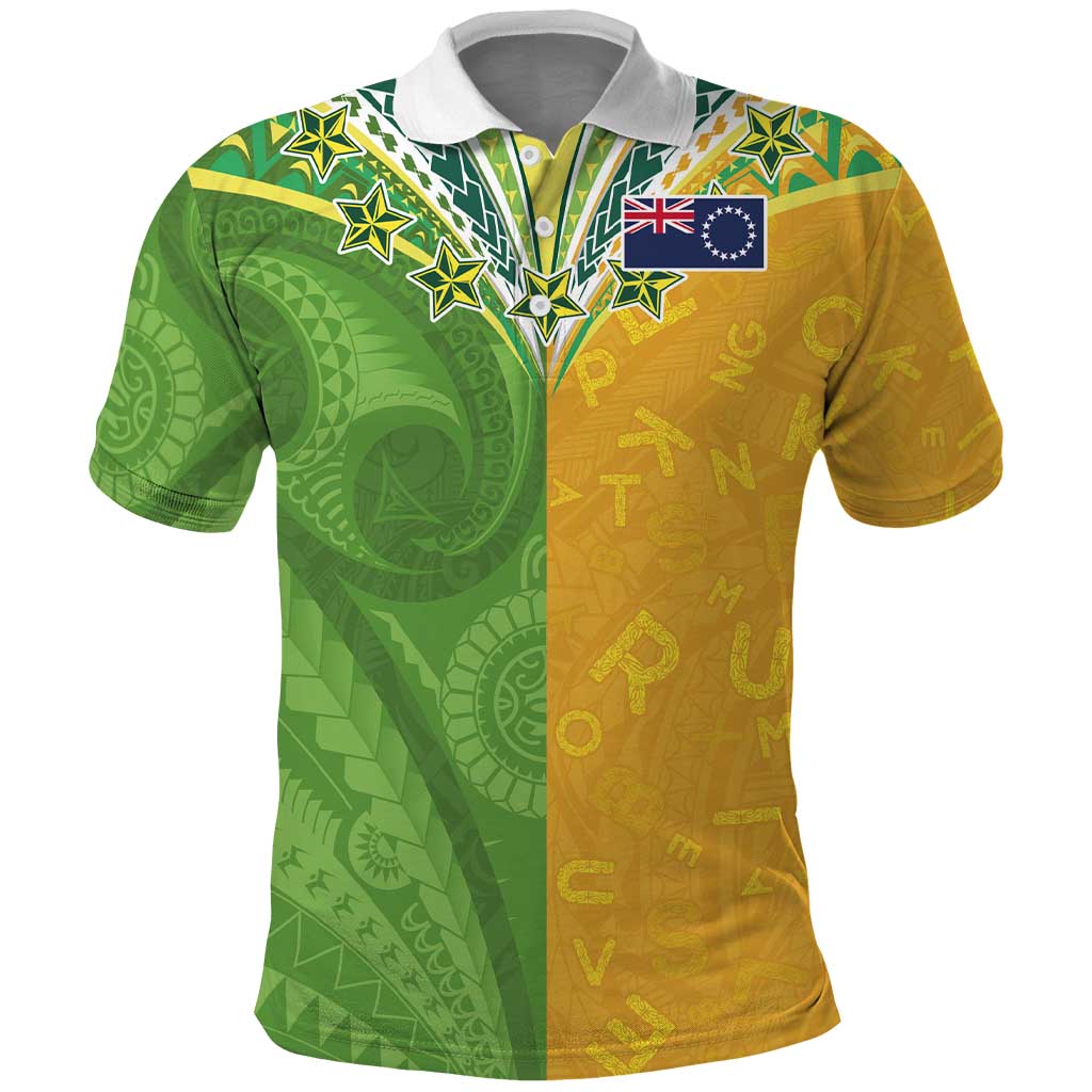Cook Islands Language Week Polo Shirt Tatau Pattern and Rarotongan Alphabet LT03 Green - Polynesian Pride